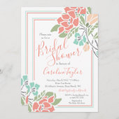 フローラコーラルアンドティール（緑がかった色）ブライダルシャワールンチョン 招待状 (正面/裏面)