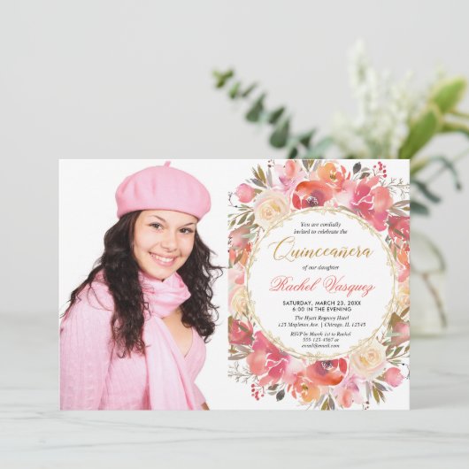 フローラコーラルピンク金ゴールドガーデンキンセアニェラ写真 招待状 (スタンド正面)