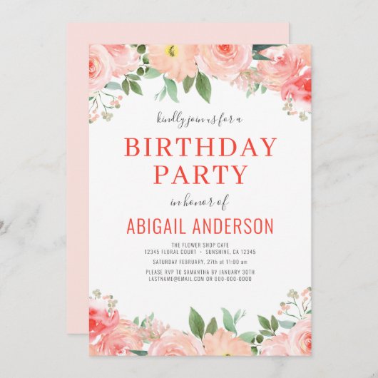 フローラコーラルピーチ誕生日アエージモダン 招待状 (正面/裏面)
