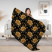 フローラゴールデンとブラックのエレガントバラ フリースブランケット
