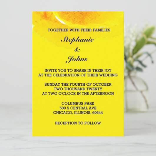 フローラゴールデンイエローネイビー結婚ルズカスタム2023 招待状 (スタンド正面)