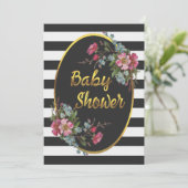 フローラゴールドフォイルベビーシャワー白黒ストライプ 招待状 (スタンド正面)