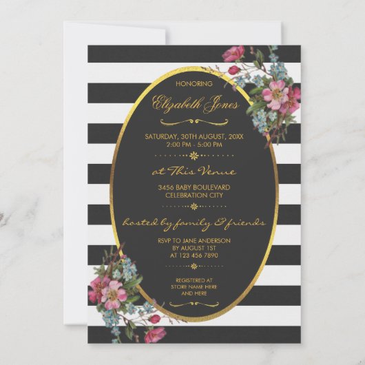 フローラゴールドフォイルベビーシャワー白黒ストライプ 招待状 (裏面)