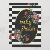 フローラゴールドフォイルベビーシャワー白黒ストライプ 招待状 (正面/裏面)