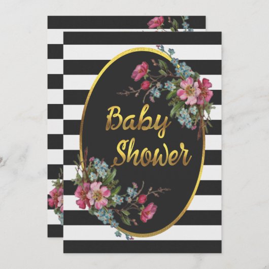 フローラゴールドフォイルベビーシャワー白黒ストライプ 招待状 (正面/裏面)