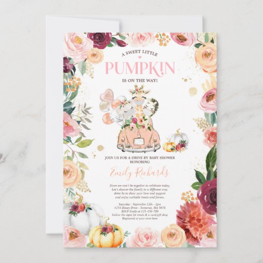 フローラサファリの動物カボチャでベビーシャワーでドライブ 招待状 (正面)