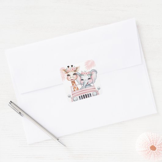 フローラサファリアドベンチャーピンクガールベビーシャワー スクエアシール (封筒)