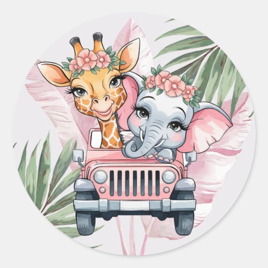 フローラサファリアドベンチャーピンクガールベビーシャワー ラウンドシール (正面)