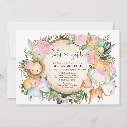 フローラサファリジャングルグリーンガールベビーシャワー 招待状 (正面)
