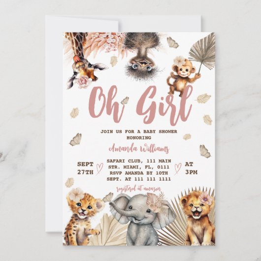 フローラサファリ動物ガールベビーシャワー 招待状 (正面)