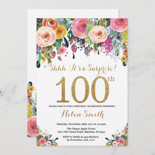 フローラサプライズ100番目の誕生日招待状金ゴールド 招待状 (正面/裏面)