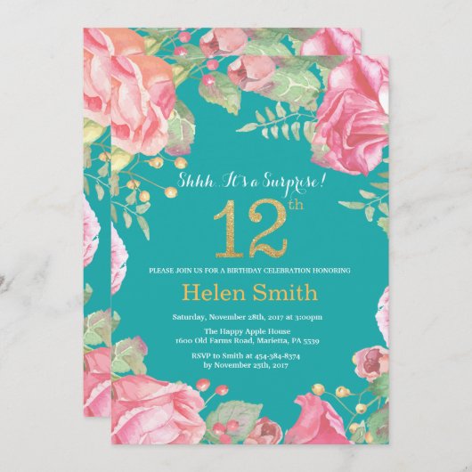フローラサプライズ12番目の誕生日金ゴールドとティール（緑がかった色） 招待状 (正面/裏面)