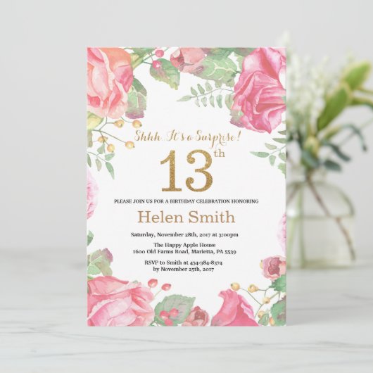 フローラサプライズ13番目の誕生日金ゴールドグリッター 招待状 (スタンド正面)