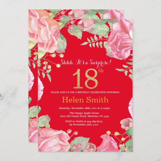 フローラサプライズ18番目の誕生日金ゴールドグリッターとレッド 招待状 (正面/裏面)