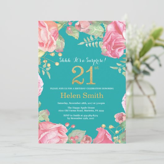 フローラサプライズ21歳の誕生日金ゴールドとティール（緑がかった色） 招待状 (スタンド正面)