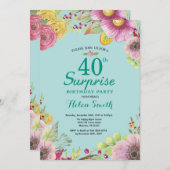 フローラサプライズ40歳誕生日招待状ティール(緑がかった色) 招待状 (正面/裏面)