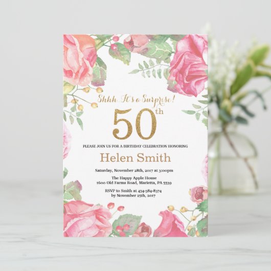 フローラサプライズ50番目の誕生日金ゴールドグリッター 招待状 (スタンド正面)