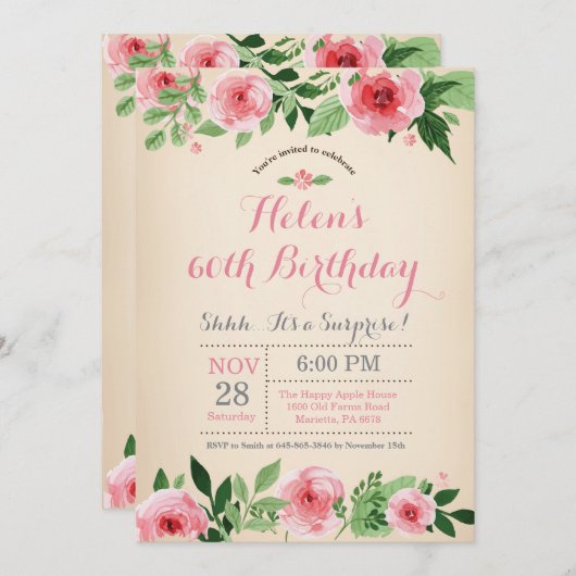 フローラサプライズ60th誕生日招待状ピンク 招待状 (正面/裏面)