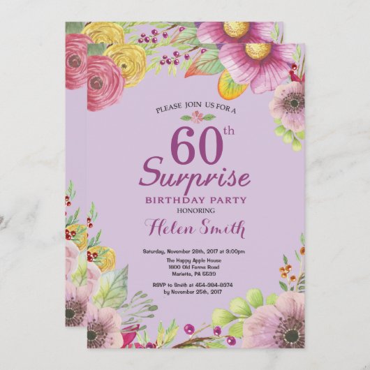 フローラサプライズ60th誕生日招待状紫 招待状 (正面/裏面)