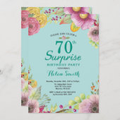 フローラサプライズ70番目の誕生日招待状ティール(緑がかった色) 招待状 (正面/裏面)