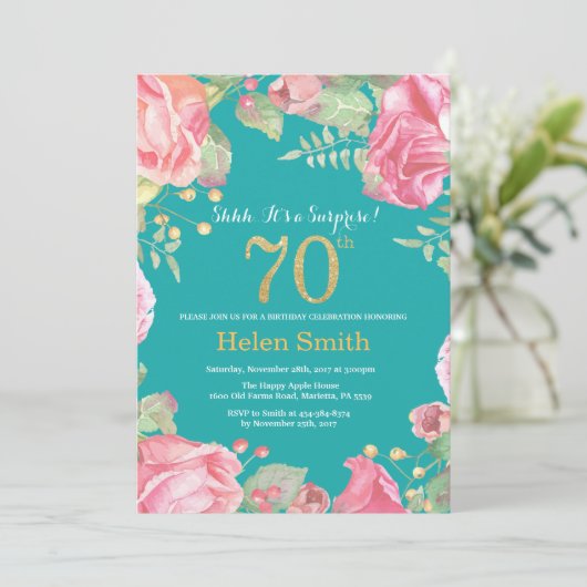 フローラサプライズ70番目の誕生日金ゴールドとティール（緑がかった色） 招待状 (スタンド正面)