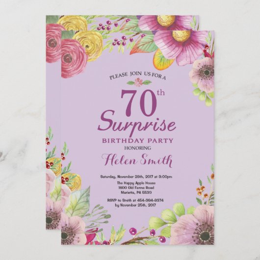 フローラサプライズ70th誕生日招待状紫 招待状 (正面/裏面)