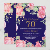 フローラサプライズ70th誕生日金ゴールドグリッターブルー 招待状 (正面/裏面)