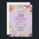 フローラサプライズ80th誕生日招待状紫 招待状<br><div class="desc">フローラサプライズ80th誕生日招待状のための女性。水彩フローラ、紫の背景。さらにカスタマイクリックズを行う場合はカスタマイズ、「IT」ボタンをクリックし、このテンプレートを変更するために当社のデザインツールを使用する。</div>