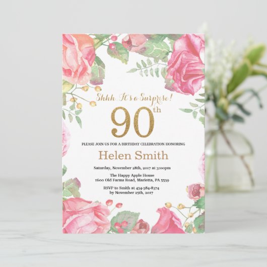 フローラサプライズ90番目の誕生日金ゴールドグリッター 招待状 (スタンド正面)