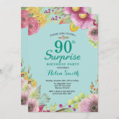 フローラサプライズ90th誕生日招待状ティール（緑がかった色） 招待状 (正面/裏面)