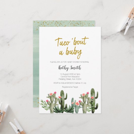 フローラサボテン水色カップルシャワー 招待状 (正面/裏面インサイチュ)