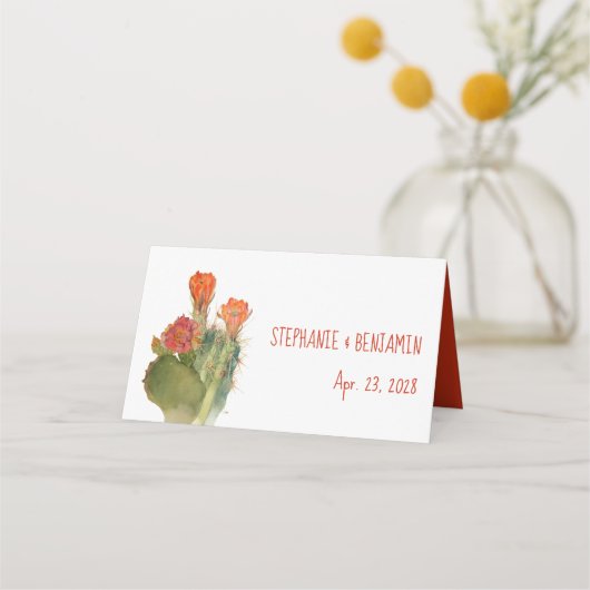 フローラサボテン赤い花水色結婚の プレイスカード (裏面)