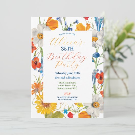 フローラサマーカラーフラワーズブルー誕生日ウィメンズ 招待状 (スタンド正面)