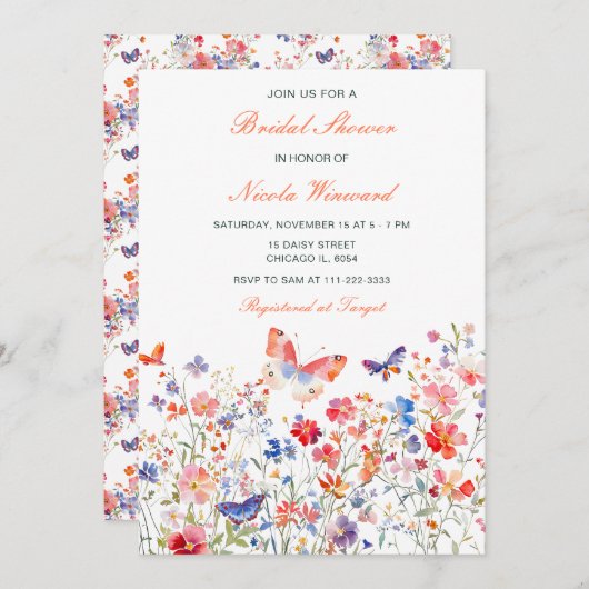 フローラサマーバタフライブライダルシャワー 招待状 (正面/裏面)