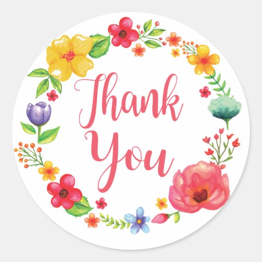 フローラサンキューウォーターカラーピンクレッドフラワーリース ラウンドシール (正面)