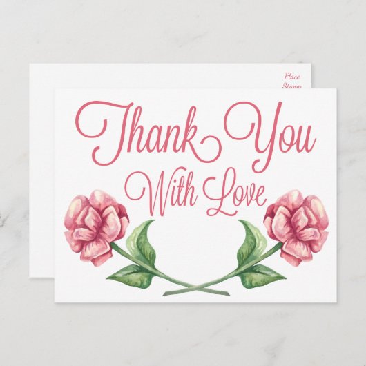 フローラサンキューウォーターカラーピンクローズフラワー ポストカード (正面/裏面)