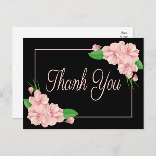 フローラサンキューピンクの花ブラックウェディングパーティー ポストカード (正面/裏面)