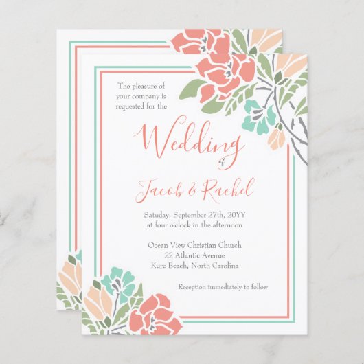 フローラサンゴティール（緑がかった色）結婚式招待状 (正面/裏面)