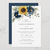 フローラサンフラワーネイビーブルーグリーン結婚リー 招待状 (正面/裏面)
