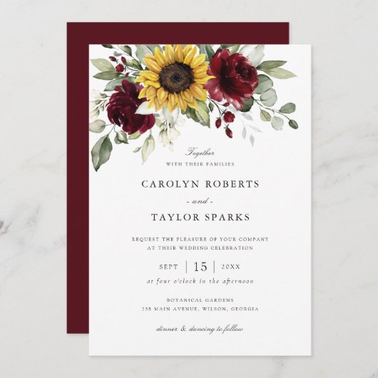 フローラサンフラワーバーガンディ素朴グリーン結婚リー 招待状 (正面/裏面)