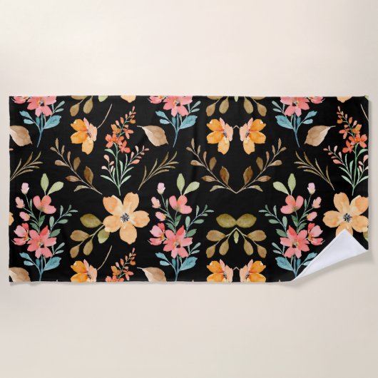 フローラサーフェスパターン – ファッション水彩春 ビーチタオル (正面)