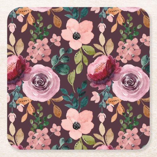 フローラサーフェスパターン – ファッション水色カラフル スクエアペーパーコースター (正面)