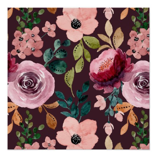 フローラサーフェスパターン – ファッション水色カラフル ポスター (正面)