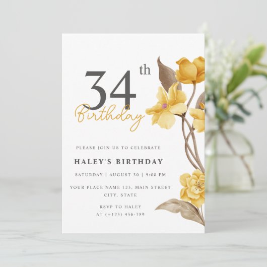 フローラシエレガントックシンプル誕生日イエロー34th 招待状 (スタンド正面)