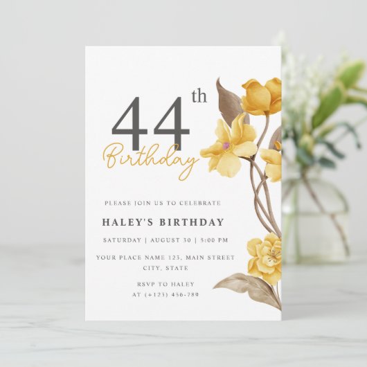 フローラシエレガントックシンプル誕生日イエロー44th 招待状 (スタンド正面)