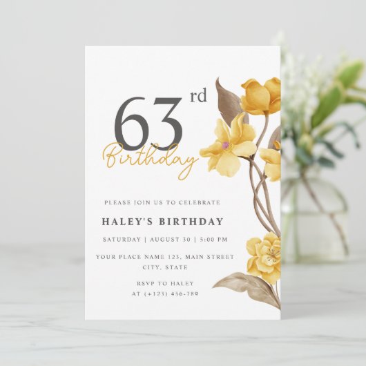フローラシエレガントックシンプル誕生日イエロー63rd 招待状 (スタンド正面)