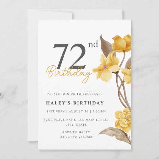 フローラシエレガントックシンプル誕生日イエロー72番目 招待状 (正面)