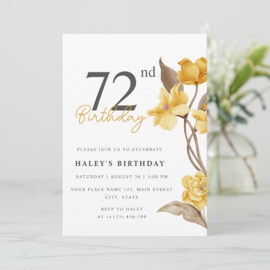 フローラシエレガントックシンプル誕生日イエロー72番目 招待状 (スタンド正面)