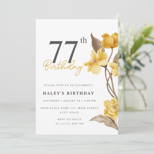 フローラシエレガントックシンプル誕生日イエロー77th 招待状 (スタンド正面)