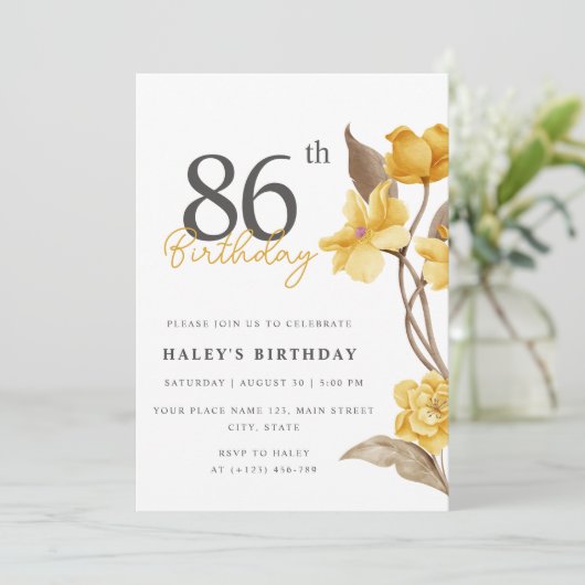 フローラシエレガントックシンプル誕生日イエロー86th 招待状 (スタンド正面)